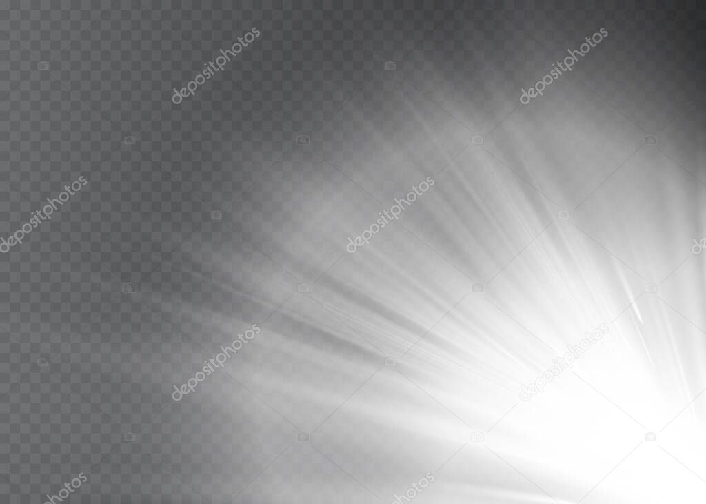 White glowing light explodes on a transparent background. Vector illustration of light decoration effect with ray