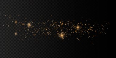 Toz sarıdır. Sarı kıvılcımlar ve altın yıldızlar özel ışıkla parlıyorlar. Şeffaf bir arkaplanda vektör parıldıyor. Noel ışığı etkisi. Parlak sihirli toz parçacıkları.