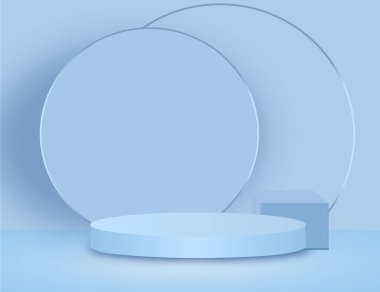 Arkaplan vektörü 3d mavi renkle podyum ve mermer desenli duvar sahnesi, podyum ürünü minimum arkaplan 3d şekil mavi pastel platform. Ürün için boş mavi arkaplan aşaması