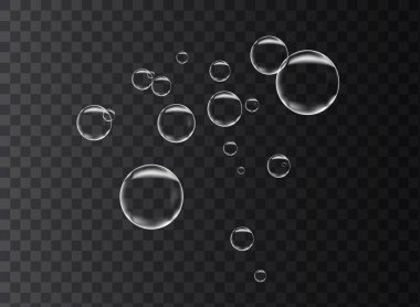 Bir dizi gerçekçi renkli sabun köpüğü. Şeffaf arka planda izole edilmiş şeffaf gerçekçi sabun köpükleri. Vektör dokusu. Benekli açık gri vektör örtüsü.