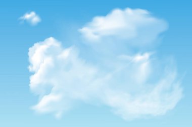 Mavi arka planda izole edilmiş saydam farklı bulutlar kümesi. Gerçek şeffaflık etkisi. Vektör illüstrasyonu