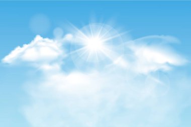 Güneşli saydam farklı bulutlar. İlkbahar, yaz, mavi arka planda izole. Gerçek şeffaflık etkisi. Vektör illüstrasyonu