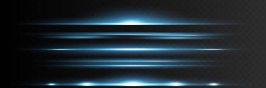 Mavi yatay mercek fişeği paketi. Lazer ışınları, yatay ışık ışınları. Çok güzel ışık parlamaları. Karanlık arka planda parlak çizgiler. Parlak, soyut, ışıl ışıl bir arka plan.