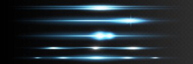 Mavi yatay mercek fişeği paketi. Lazer ışınları, yatay ışık ışınları. Çok güzel ışık parlamaları. Karanlık arka planda parlak çizgiler. Parlak, soyut, ışıl ışıl bir arka plan.