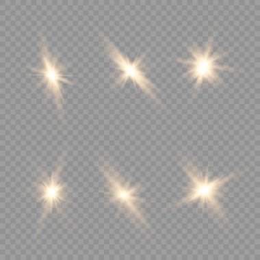 Beyaz parlayan ışık şeffaf bir arkaplanda patlar. Parlak sihirli toz parçacıkları. Parlak Yıldız. Şeffaf, parlak güneş. Vektör ışıltısı. Parlak bir ışıltı için.