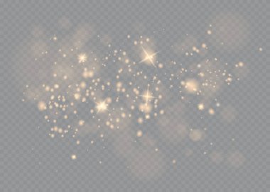 Toz kıvılcımları ve altın yıldızlar özel ışıkla parlıyor. Şeffaf bir arkaplanda vektör parıldıyor. Noel ışığı etkisi. Parlak sihirli toz parçacıkları.