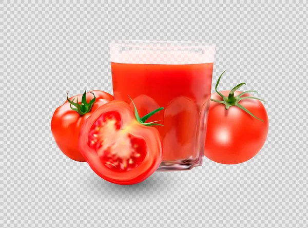 Ένα Ποτήρι Χυμό Ντομάτας Σετ Ντομάτας Συλλογή Κόκκινων Ντομάτων Φωτορεαλιστικές — Διανυσματικό Αρχείο