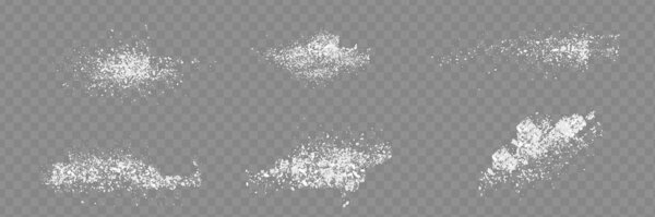Sugar or salt powder piles set isolated on transparent background. Vector realistic illustration of white dry substance scattered on surface, ground food seasoning, detergent crystals, grainy texture