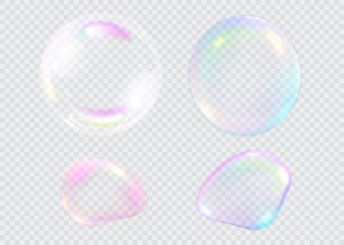 Bir dizi gerçekçi renkli sabun köpüğü. Şeffaf arka planda izole edilmiş şeffaf gerçekçi sabun köpükleri. Vektör dokusu. Benekli açık gri vektör örtüsü.