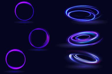 Neon girdabı. Mavi çizgi ışık efekti. Işıldayan arka planı olan soyut halka arkaplanı. Enerji akış tüneli. Mavi portal, platform.