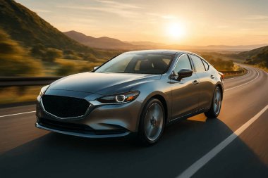 Araba gün batımına doğru gidiyor. Vektör manzara çizimi