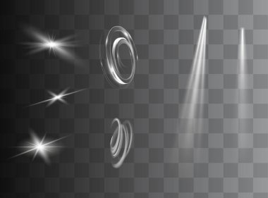 Işık efekti ayarlandı. İzole edilmiş beyaz şeffaf ışık efekti seti, lens parlaması, patlama, parıltı, toz, çizgi, güneş ışığı, kıvılcım ve yıldızlar, spot ışığı, eğri.