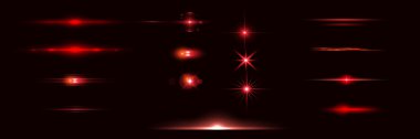 Kırmızı ışık yansımaları, kırmızı renkte neon ışıklar. Parlak ışık lensi. Polis ışığı efektleri, çizgiler. Parlak yıldızlar, siyah arka planda parlayan kıvılcımlar..
