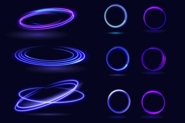 Neon girdabı. Mavi çizgi ışık efekti. Işıldayan arka planı olan soyut halka arkaplanı. Enerji akış tüneli. Mavi portal, platform