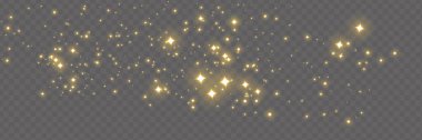 Şeffaf bir arkaplanda vektör parıldıyor. Noel ışığı etkisi. Parıldayan sihirli toz. Toz kıvılcımları ve altın yıldızlar özel ışıkla parlıyor.