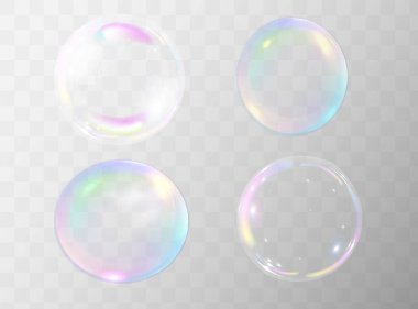 Bir dizi gerçekçi renkli sabun köpüğü. Şeffaf arka planda izole edilmiş şeffaf gerçekçi sabun köpükleri. Vektör dokusu. Benekli açık gri vektör örtüsü.