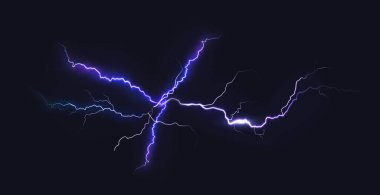 Mavi şimşek ışığı ve elektrik enerjisi siyah zemin üzerinde daire şeklinde boşalır. Gerçekçi 3d vektör çizimi yuvarlak çerçeve