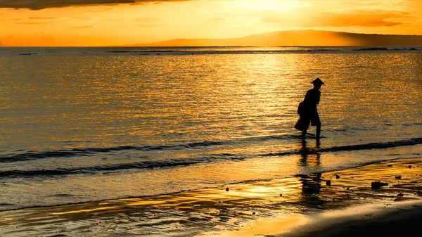 2012 インドネシア バリ島 彼の網をスローするように探しているビーチに沿って彼ワンダースとして日の出の伝統的漁師のシルエット — ストック写真
