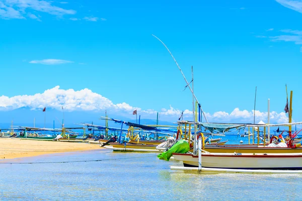 Una línea de barcos de pesca indonesios alineados en la costa —  Fotos de Stock