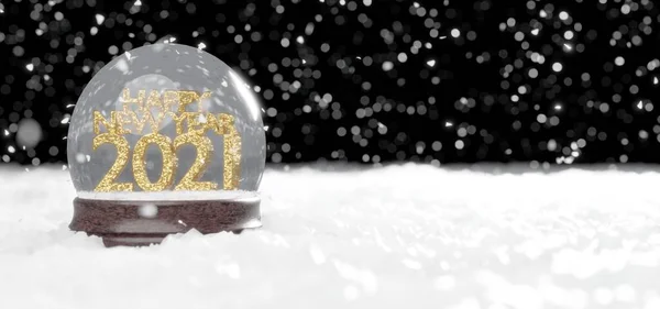Happy New Year 2021 Snow Globe Glittering Golden Text Snow Stok Foto Bebas Royalti