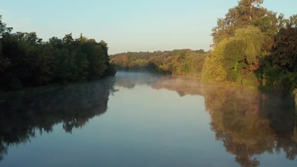 Prachtige Ochtend Zomervlucht Rivier Mist Bomen — Stockvideo