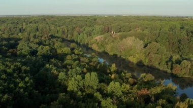 Yeşil ağaçların üzerinden güzel bir uçuş. Ağaçlar rüzgarda sallanıyor. Yukarıdan nehir.