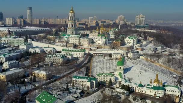 Bela Vista Superior Inverno Lavra Kiev Pechersk Muitas Igrejas Neve — Vídeo de Stock