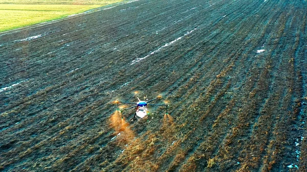 Den Agrodron Flyger Över Fältet Och Sprutar Gödselmedel — Stockfoto