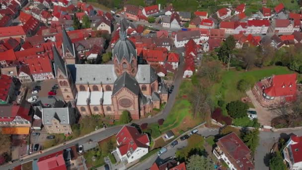 Katolik Katedrali Üzerinde Güzel Bir Uçuş Evler Şehir Güzel Tarihi — Stok video