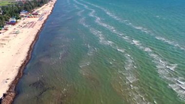 Yazın sahilde güzel bir uçuş. İnsanlar deniz kenarında dinleniyor. Turistler için evler. Plaj şemsiyeleri, gezintiler, denizde yüzen insanlar..