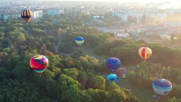 Όμορφη Θέα Των Μπαλονιών Μπαλόνια Πετούν Πάνω Από Πάρκο Στην — Αρχείο Βίντεο