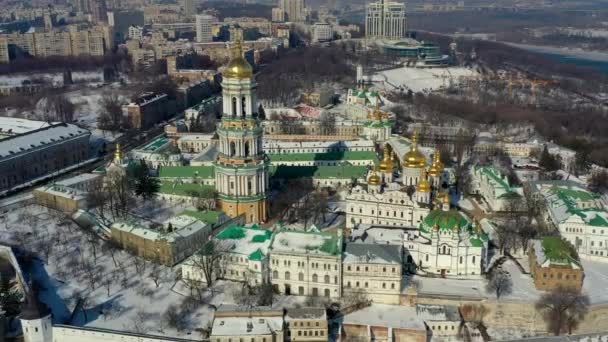 Bela Vista Superior Inverno Lavra Kiev Pechersk Muitas Igrejas Neve — Vídeo de Stock