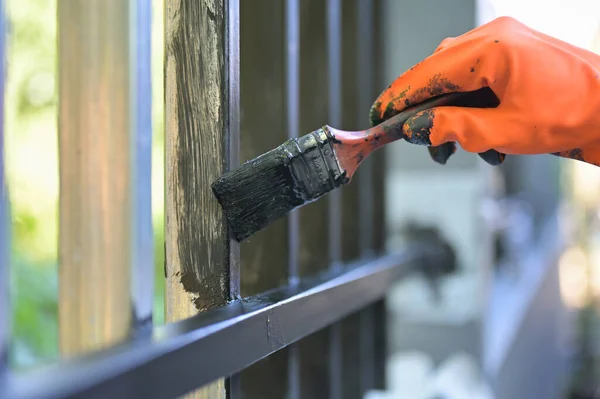 Worker Painting Steel Paint Brush Orange Gloves Selective Focus Hand — Stock Photo, Image