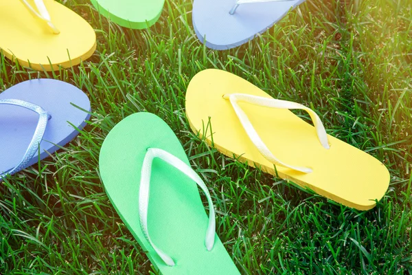 Güneş patlaması, yeşil çimenlerin üzerinde closeup flip flop