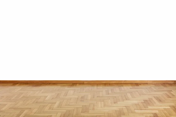 Wooden floor and white wall backdrop — Stock Photo, Image