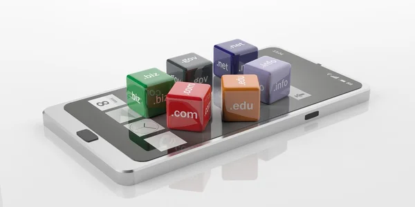 3D-Rendering-Würfel mit Domainnamen auf einem Smartphone — Stockfoto
