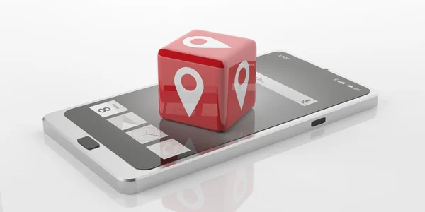 3D-rendering kub med plats-symbolen på en smart telefon — Stockfoto
