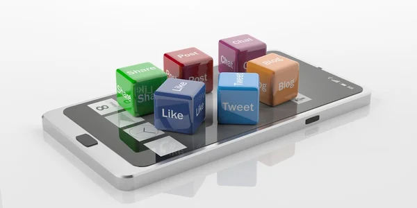 3D-Rendering-Würfel mit Social-Media-Symbolen auf einem Smartphone — Stockfoto