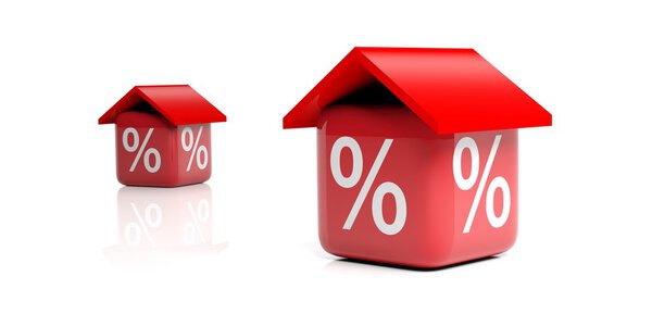 3d rendering red cubes with roof and discount symbol