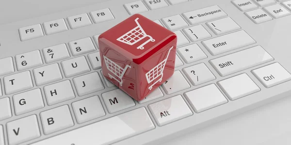 3D rendering kubus met e-commerce-symbool op een toetsenbord — Stockfoto