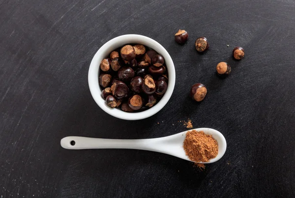 Guarana seeds and powder in porcelain bowl and spoon — Stock Photo, Image