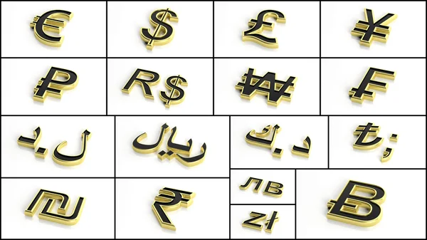 3D-rendering die verschillende valutasymbolen collage — Stockfoto
