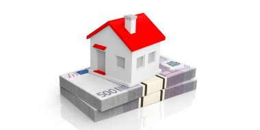 euro banknot bir yığın üzerinde 3D render küçük ev