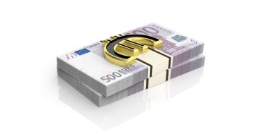 3D işleme altın euro simgesini euro banknot yığınları üzerinde