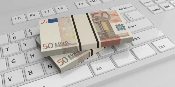 Renderização 3d 50 pilhas de notas de euro num teclado — Fotografia de Stock