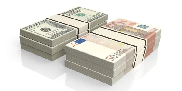 3d 渲染成堆的欧元和美元的钞票 — 图库照片