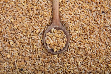 Tahta kaşık ve buğday tohumu arka plan