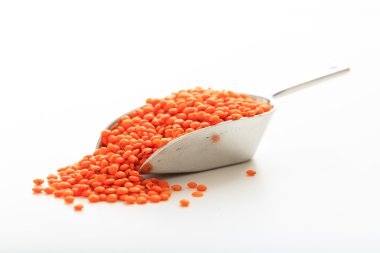 Beyaz arka plan metalik bir vurgunun içinde ham turuncu mercimek