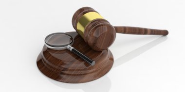 3D render büyüteç cam ahşap açık artırma tokmak