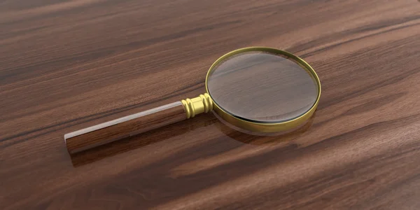 Lente d'ingrandimento di rendering 3d su una superficie di legno — Foto Stock